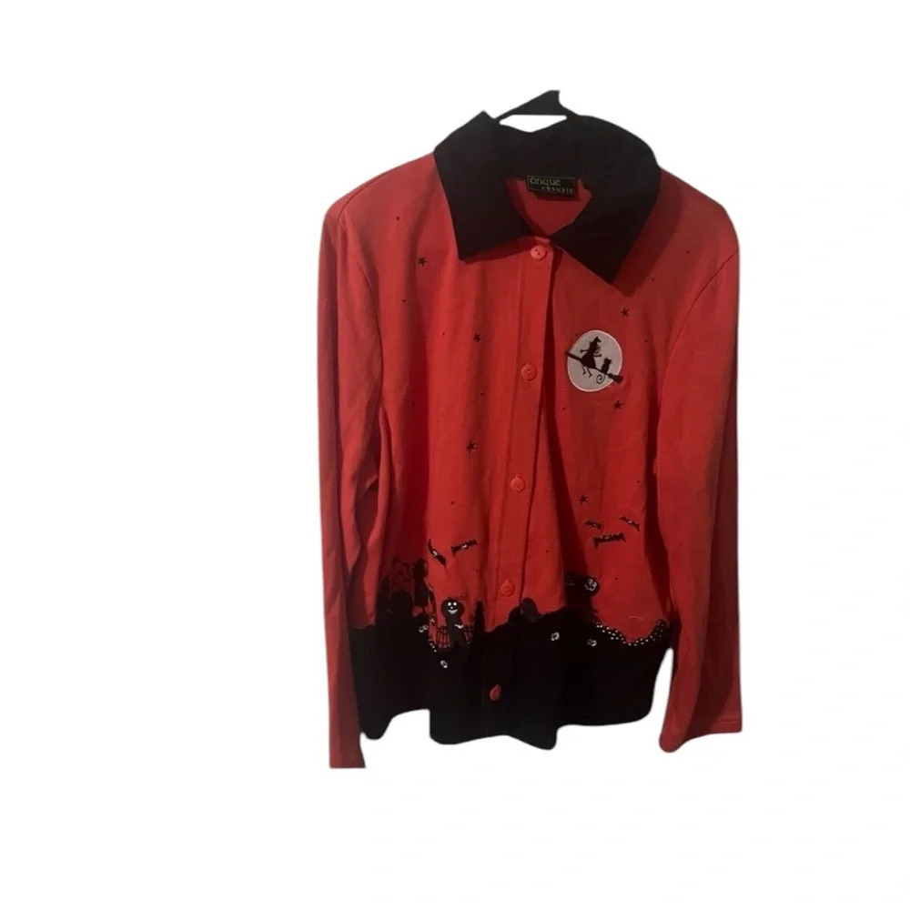 Vintage Onque Casuals Halloween Witch Black Cat Pumpkin Orange Jacket Size L